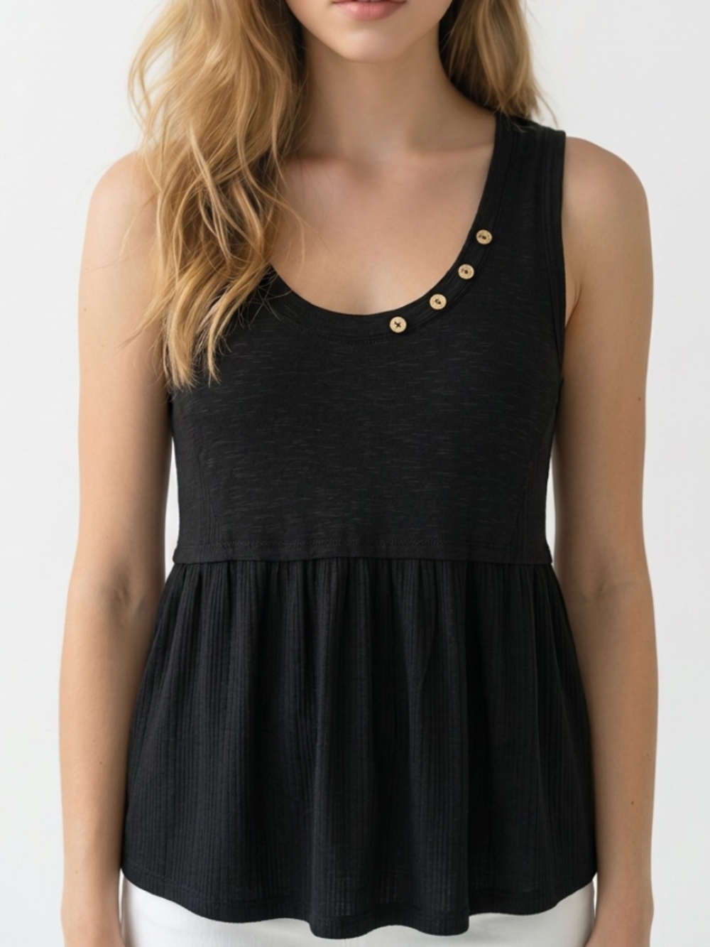 MAURICES • NWT Black Babydoll Peplum Tank Top Button Detail Medium